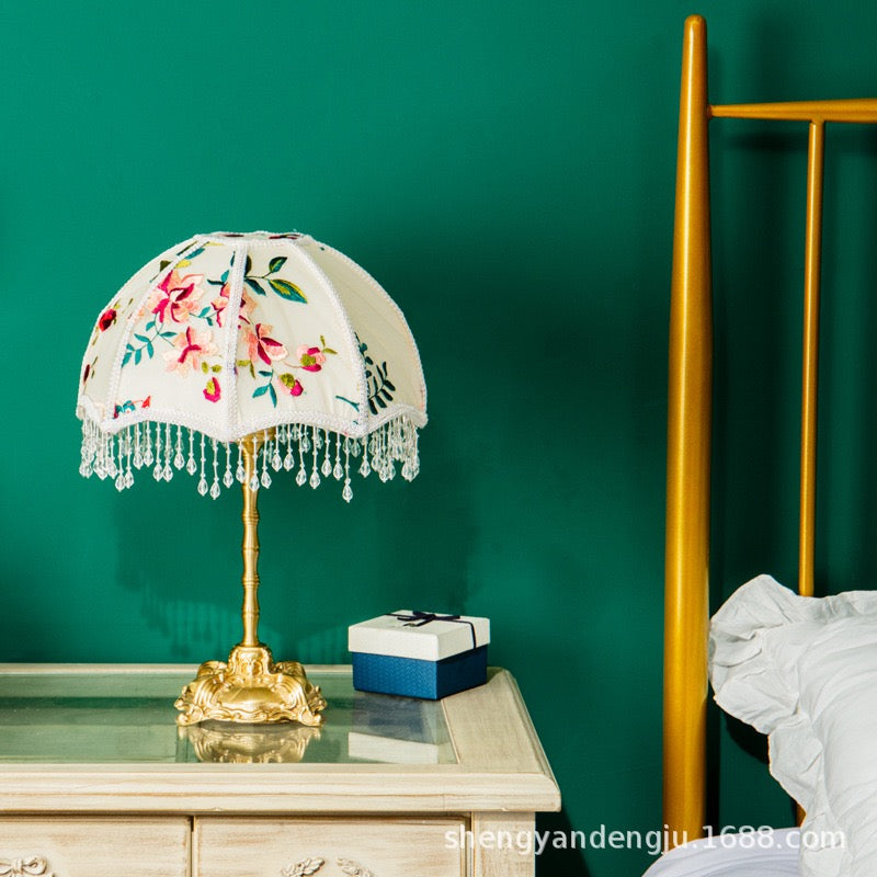 Table Lamp with Embroidered Floral Shade with Fringes