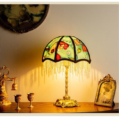 Table Lamp with Embroidered Floral Shade with Bead Fringes