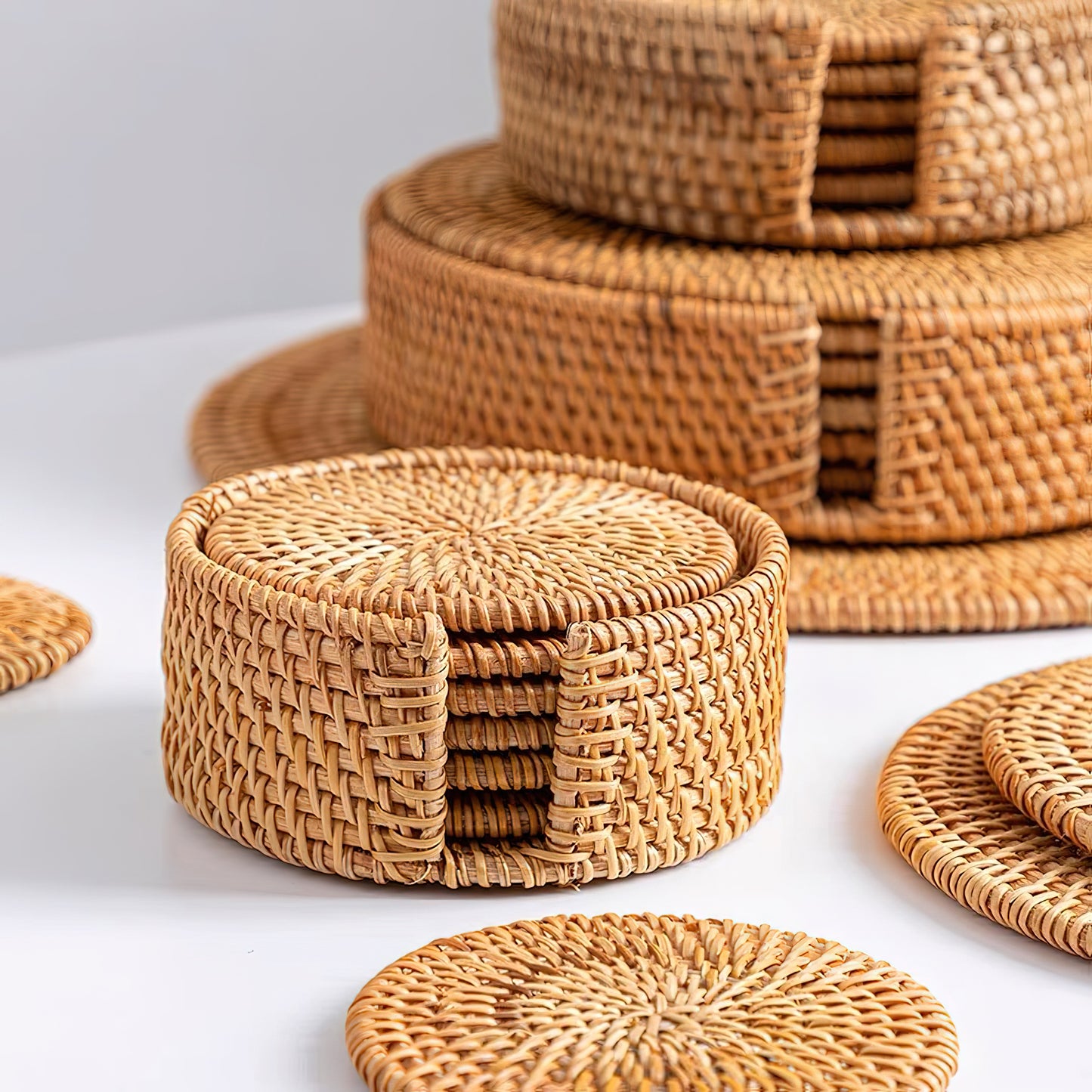 6 Piece Handwoven Rattan Boho Coasters Placemats with Holder