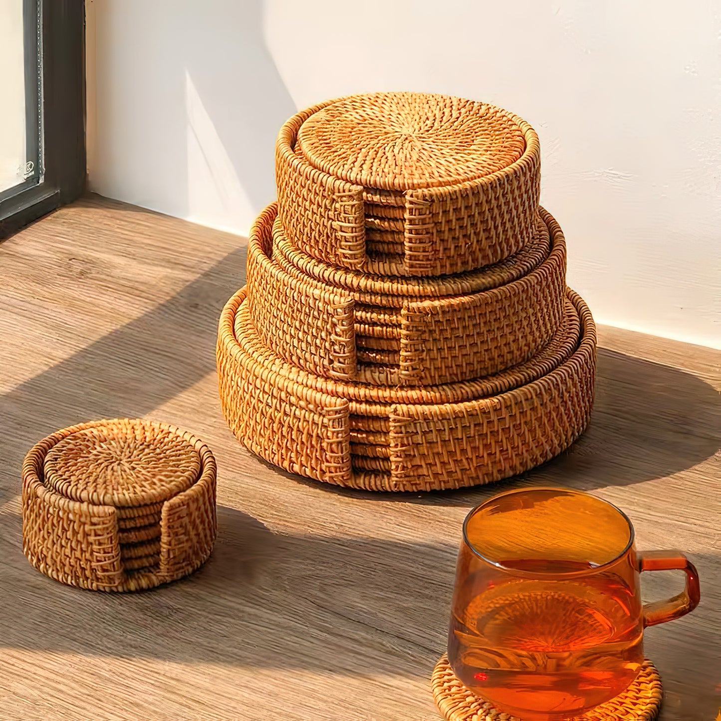 6 Piece Handwoven Rattan Boho Coasters Placemats with Holder