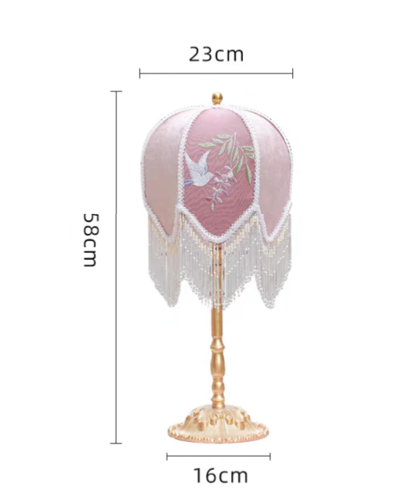 Table Lamp with Pink Embroidered Velvet Shade and Beaded Fringe