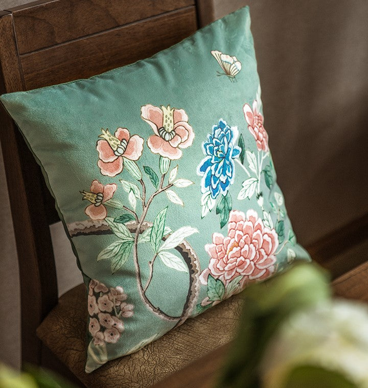 Japanese Style Green Bird and Flower Pattern Cushion Cover