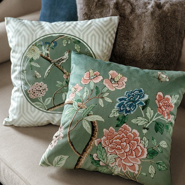 Japanese Style Green Bird and Flower Pattern Cushion Cover