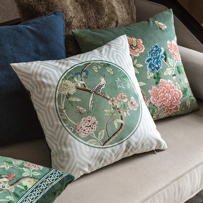 Japanese Style Green Bird and Flower Pattern Cushion Cover