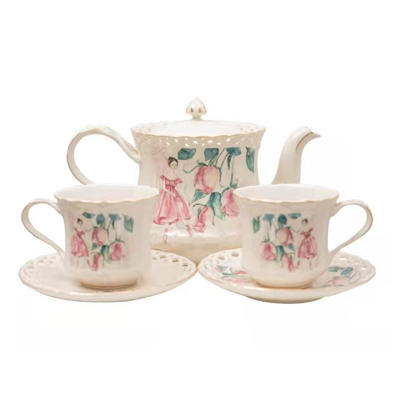 Vintage Style Ceramic Tea Set with Plant Pattern