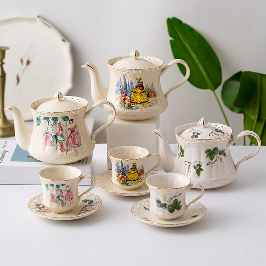 Vintage Style Ceramic Tea Set with Plant Pattern