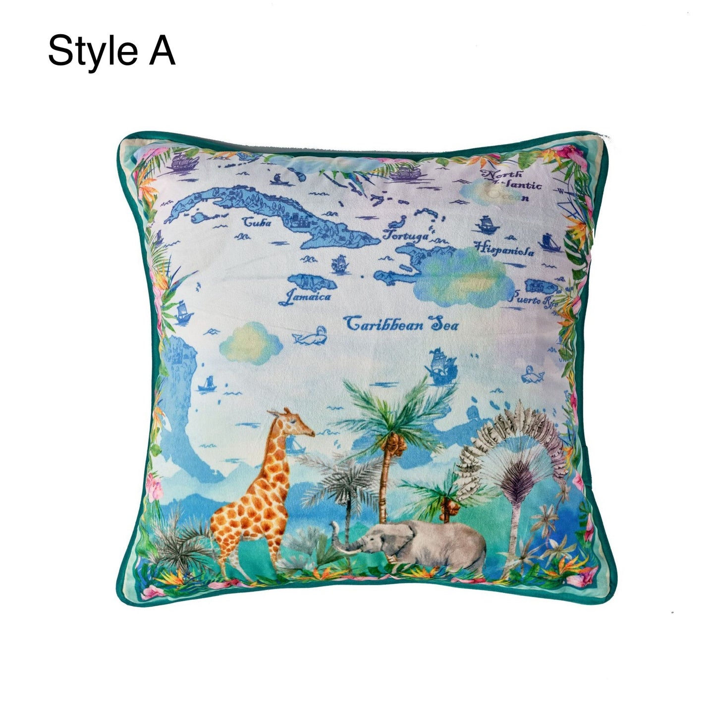 Blue Nature and Animal Pattern Velvet Cushion Cover