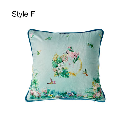 Blue Nature and Animal Pattern Velvet Cushion Cover