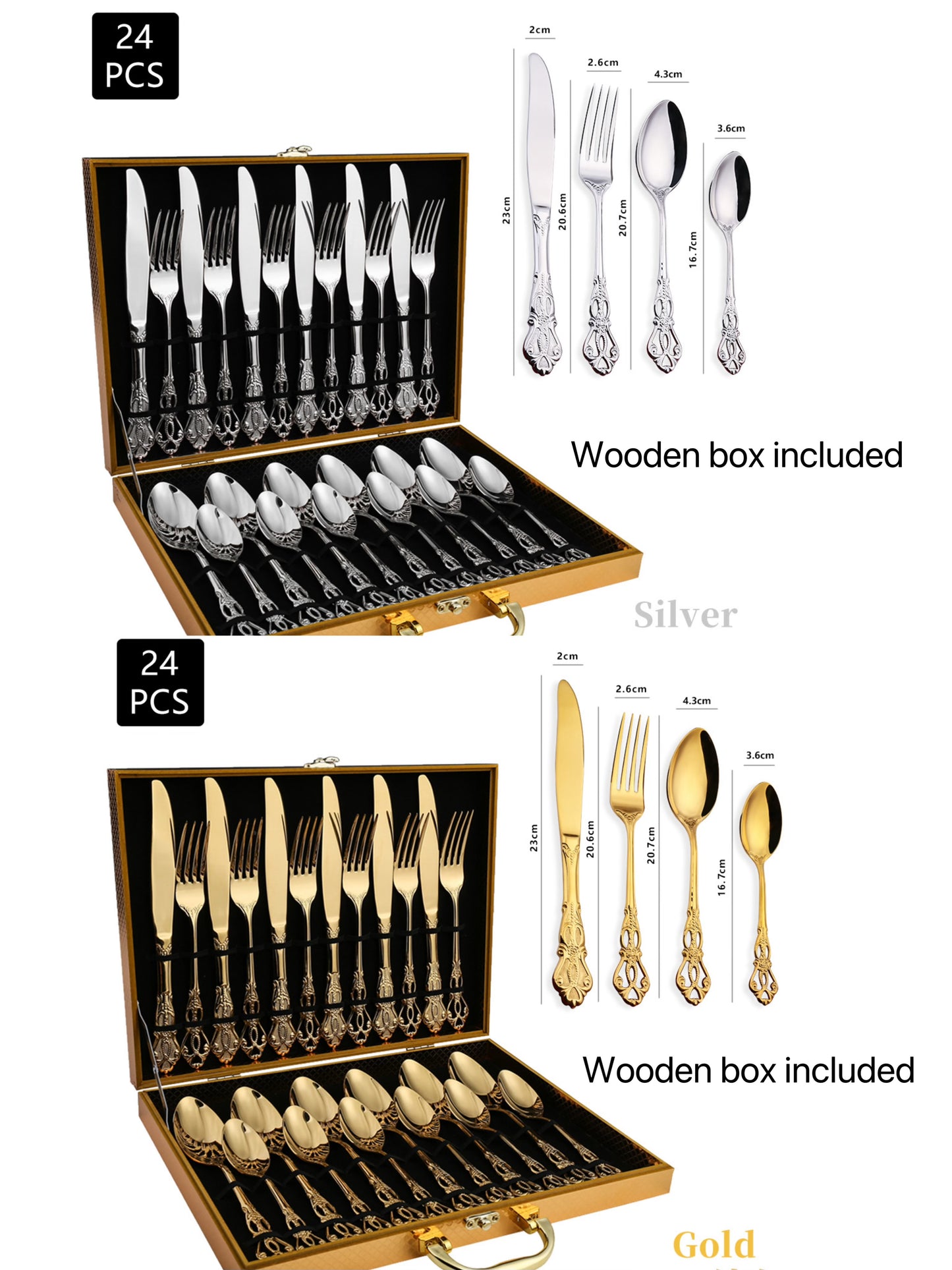 Gold and Silver Cutlery Set with a Box