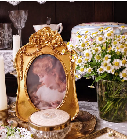 Vintage Inspired Gold Photo Frame with Roses