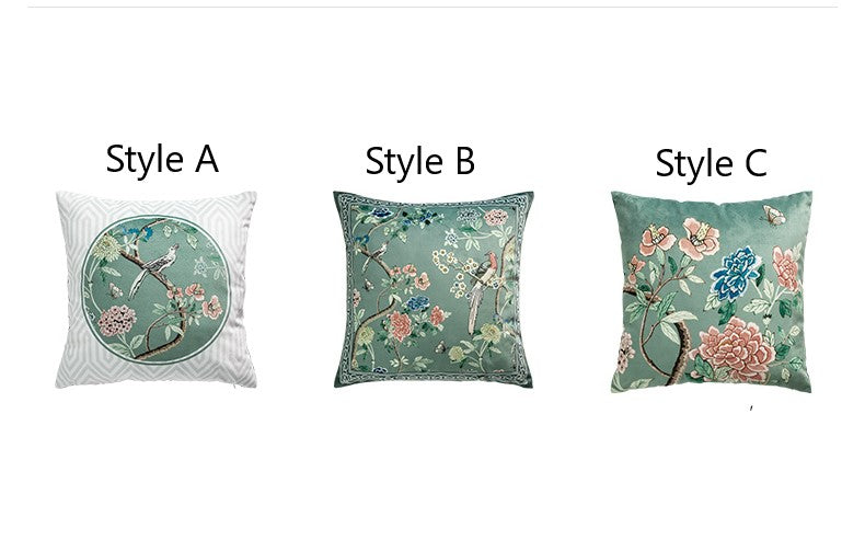 Japanese Style Green Bird and Flower Pattern Cushion Cover