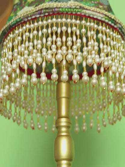 Green Table Lamp with Pearl Fringe