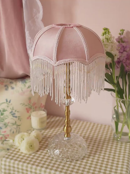 Table Lamp with Pink Velvet Shade and Beaded Fringe