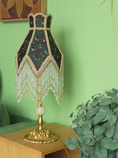 Table Lamp with Green Shade and Beaded Fringe