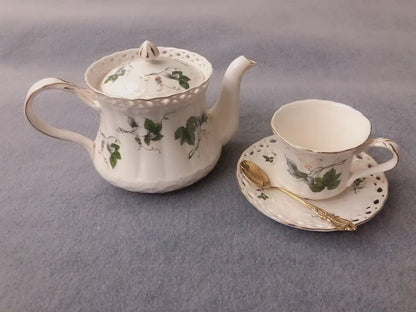 Vintage Style Ceramic Tea Set with Plant Pattern