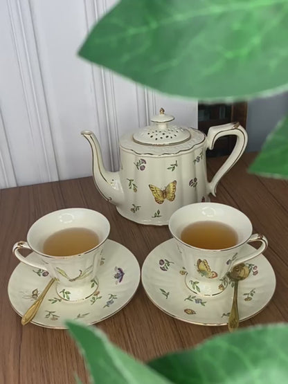 Vintage Style Ceramic Tea Set with Dragonfly and Butterfly Pattern