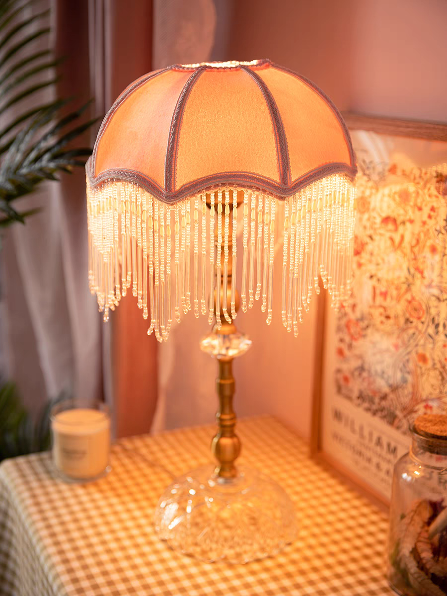 Table Lamp with Pink Velvet Shade and Beaded Fringe