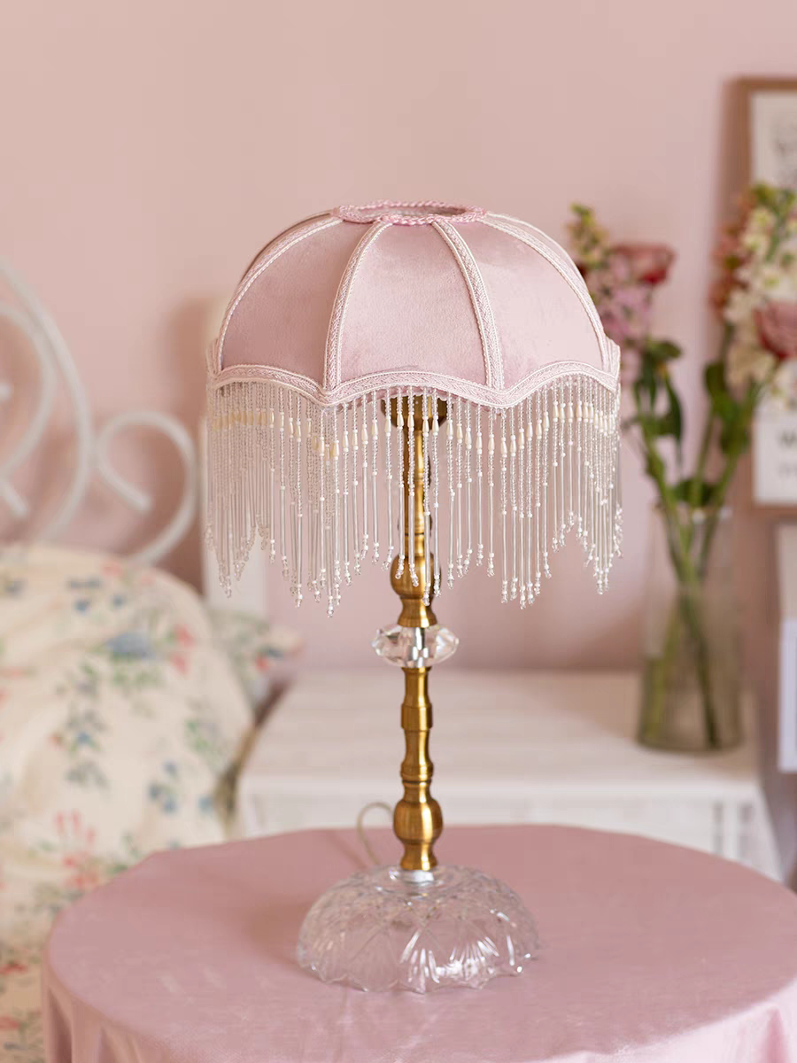 Table Lamp with Pink Velvet Shade and Beaded Fringe