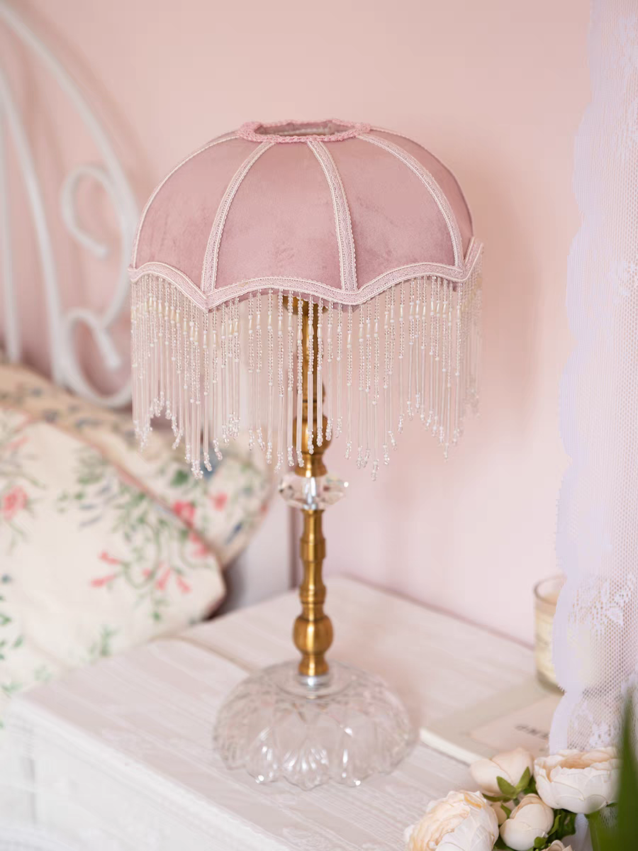 Table Lamp with Pink Velvet Shade and Beaded Fringe