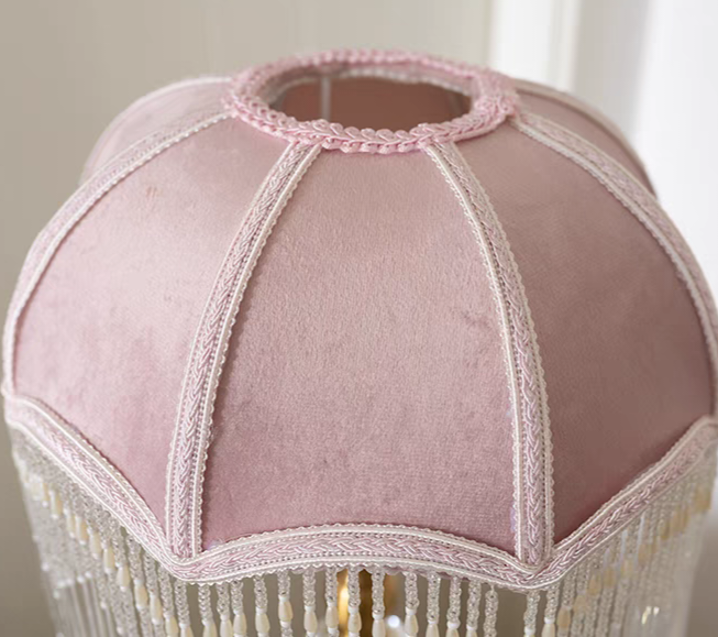 Table Lamp with Pink Velvet Shade and Beaded Fringe