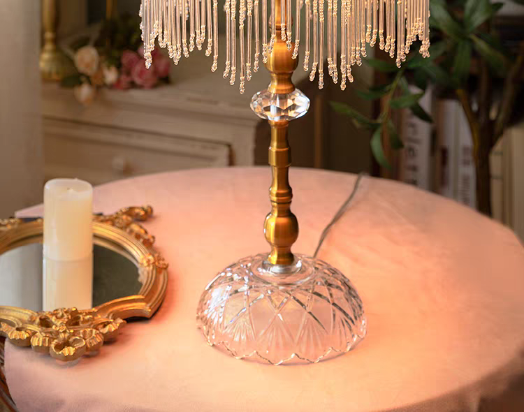 Table Lamp with Pink Velvet Shade and Beaded Fringe