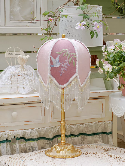 Table Lamp with Pink Embroidered Velvet Shade and Beaded Fringe