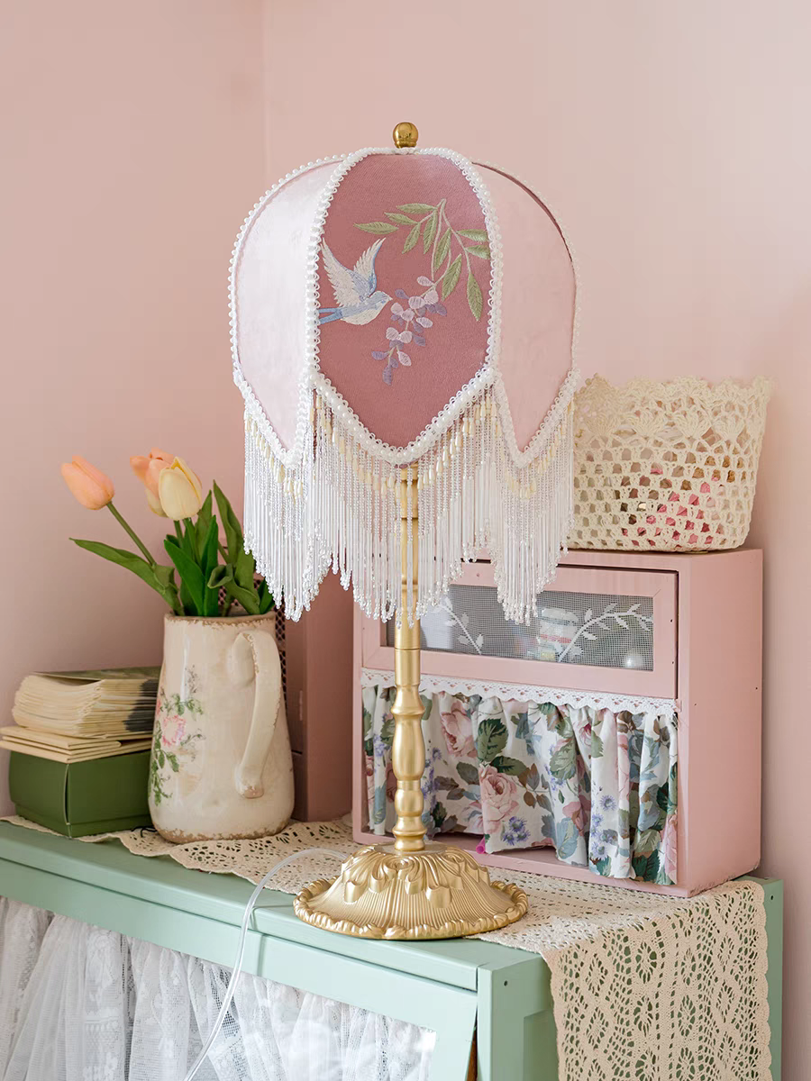 Table Lamp with Pink Embroidered Velvet Shade and Beaded Fringe