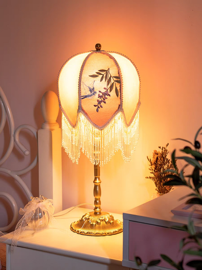 Table Lamp with Pink Embroidered Velvet Shade and Beaded Fringe