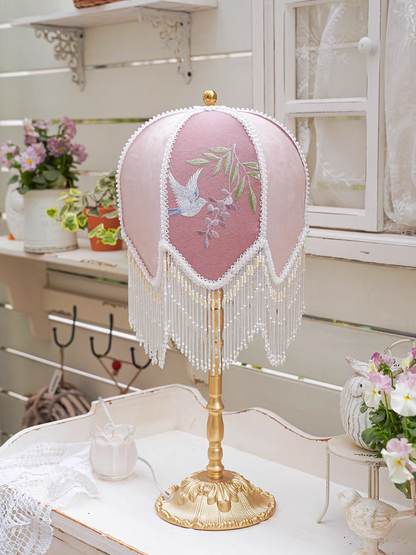 Table Lamp with Pink Embroidered Velvet Shade and Beaded Fringe