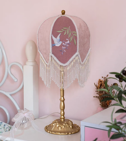 Table Lamp with Pink Embroidered Velvet Shade and Beaded Fringe