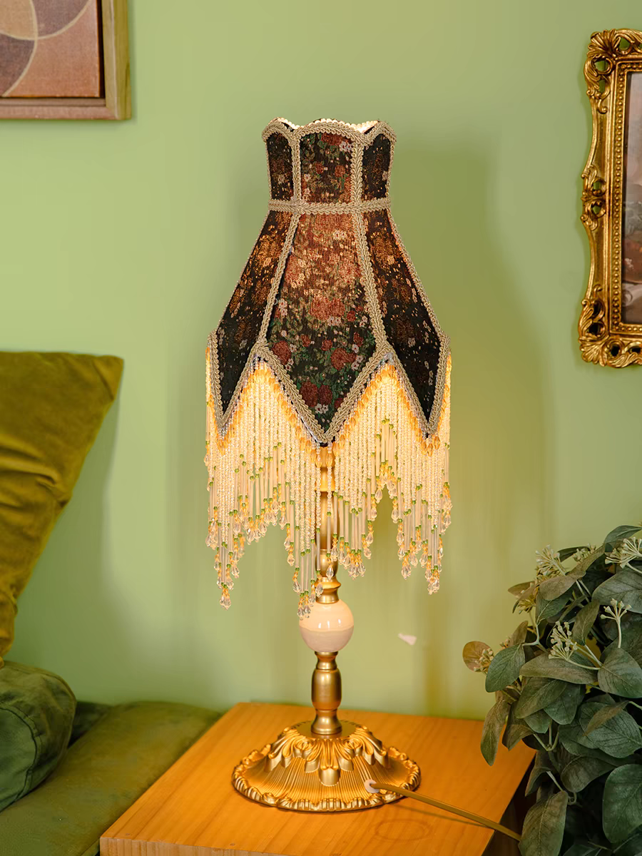 Table Lamp with Green Shade and Beaded Fringe