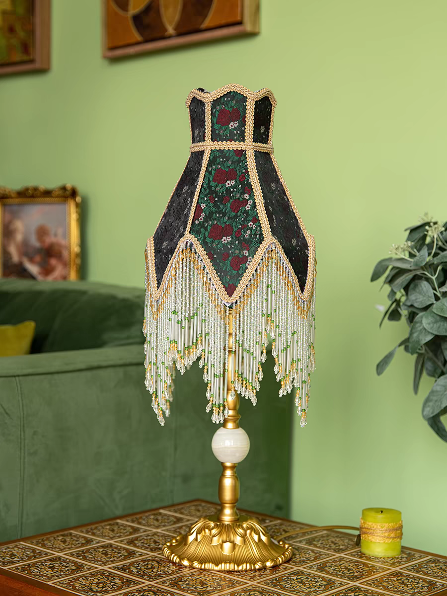 Table Lamp with Green Shade and Beaded Fringe