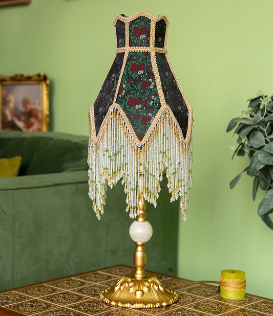 Table Lamp with Green Shade and Beaded Fringe