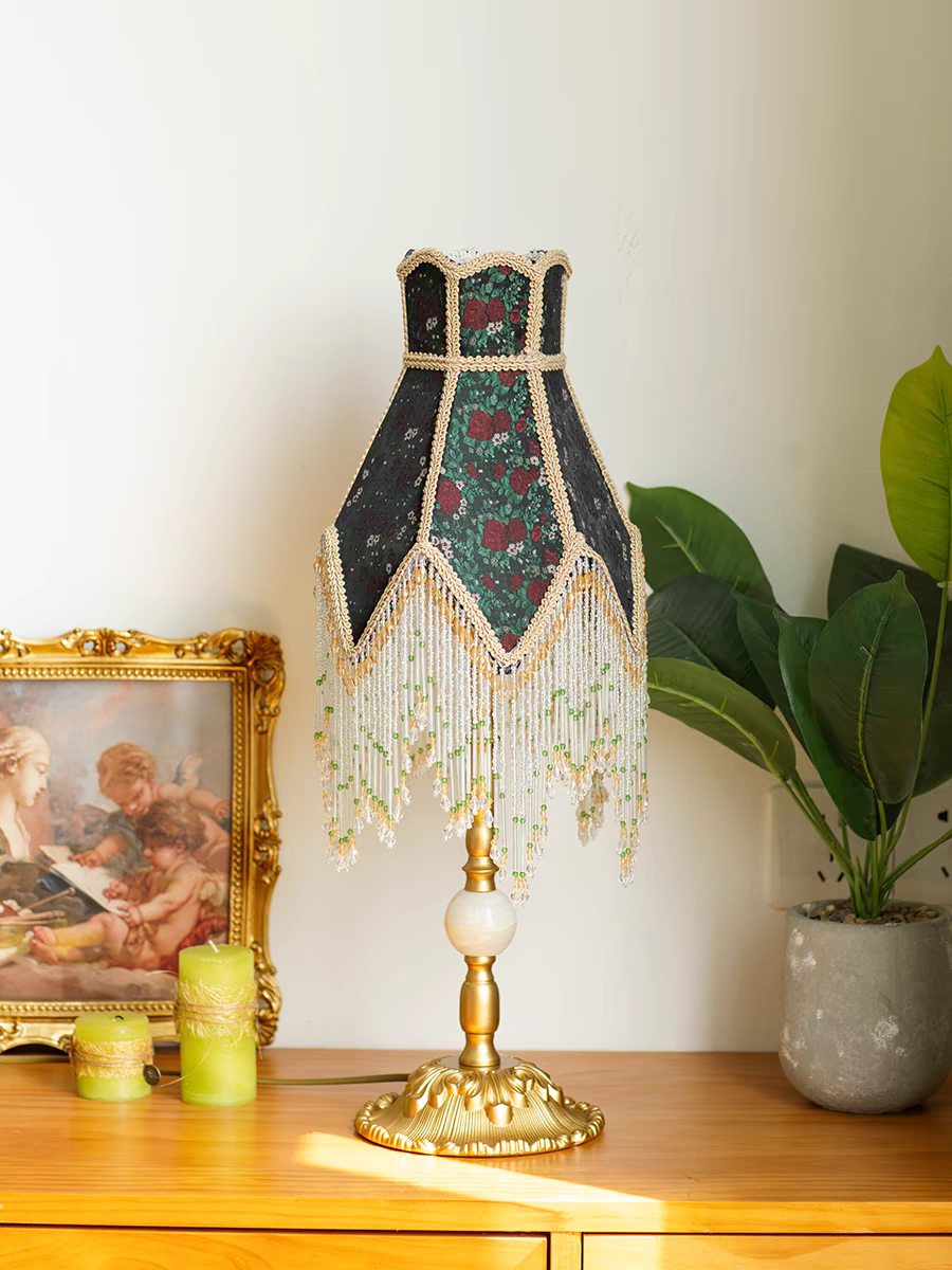 Table Lamp with Green Shade and Beaded Fringe