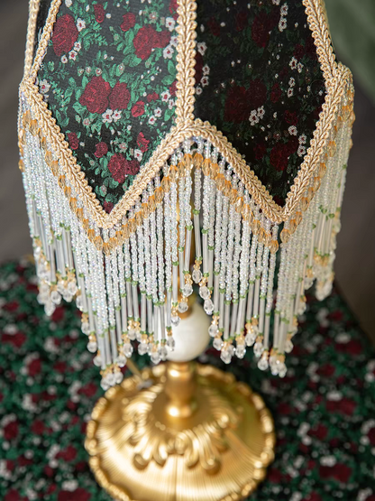 Table Lamp with Green Shade and Beaded Fringe