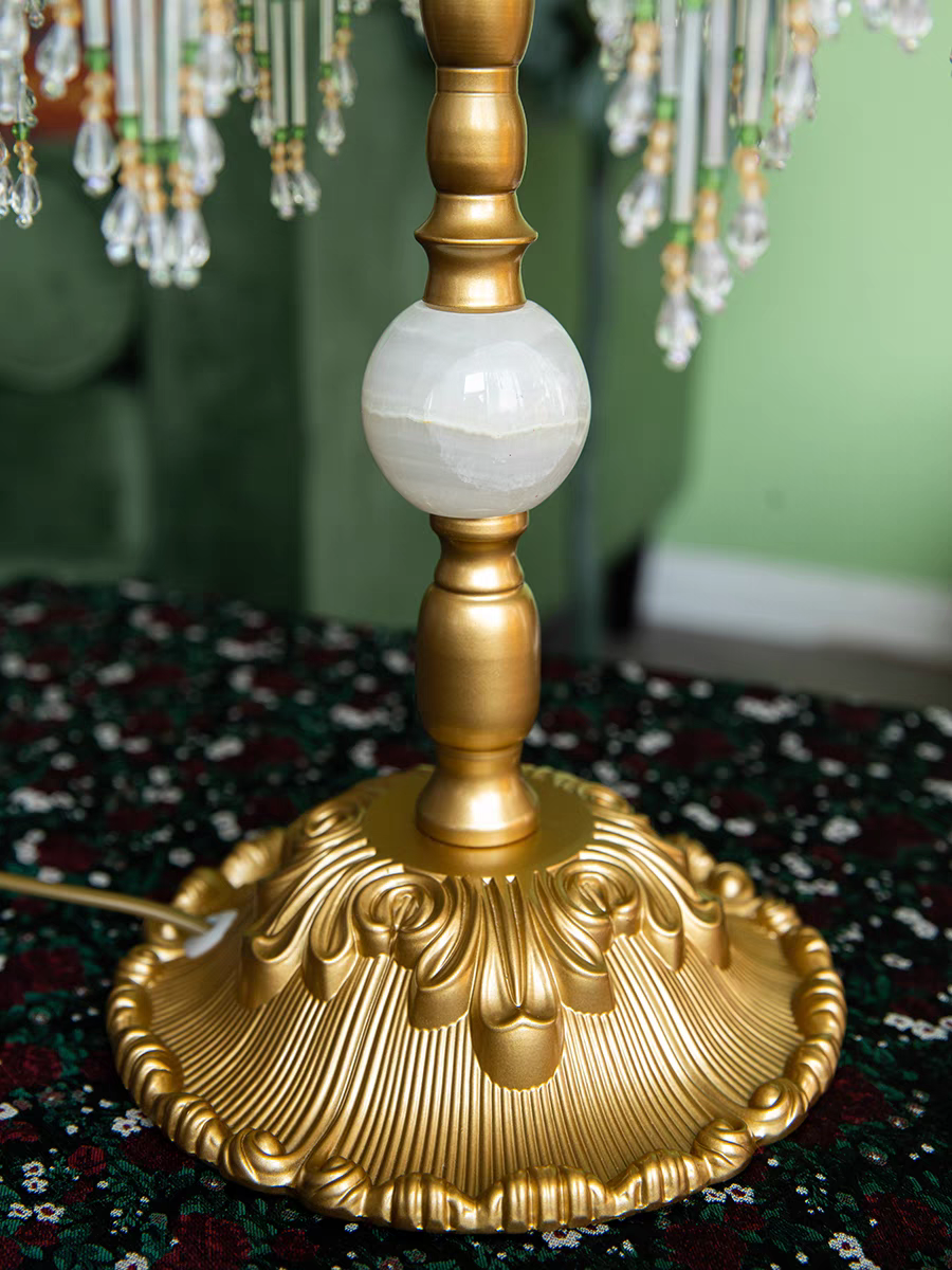 Table Lamp with Green Shade and Beaded Fringe