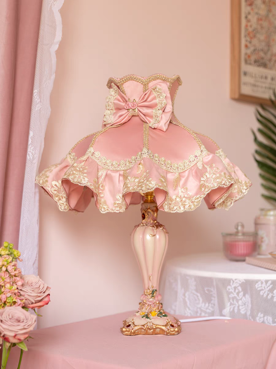 Pink Table Lamp with Lace and Bow Shade