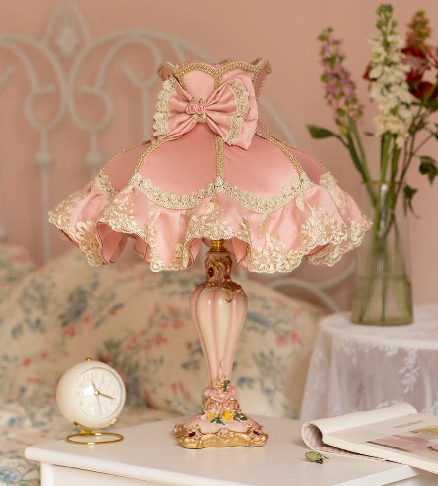 Pink Table Lamp with Lace and Bow Shade