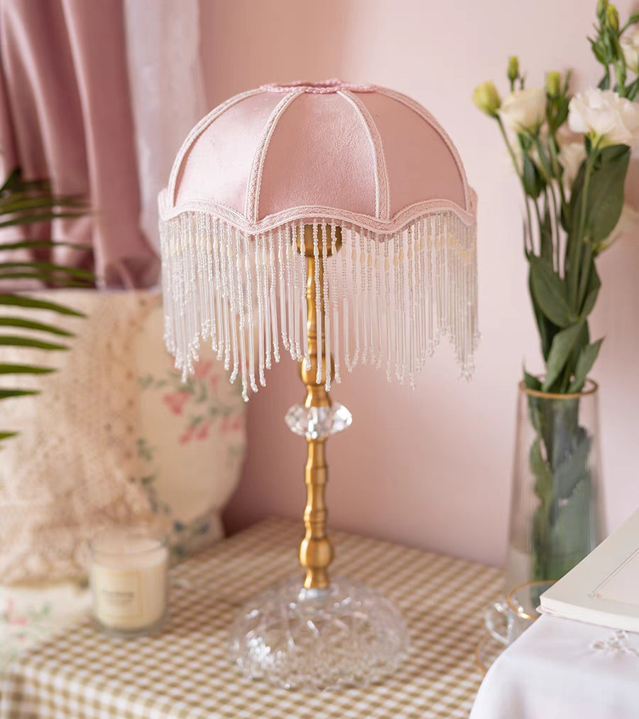 Table Lamp with Pink Velvet Shade and Beaded Fringe