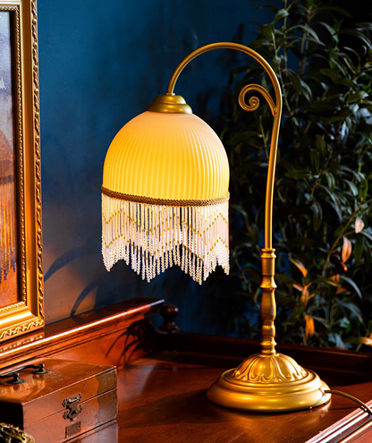 Table Lamp with Yellow Shade and Beaded Fringe