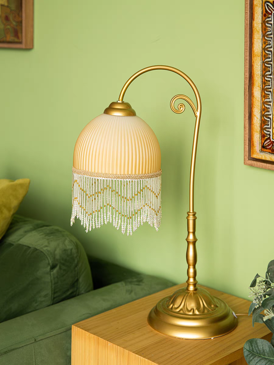 Table Lamp with Yellow Shade and Beaded Fringe