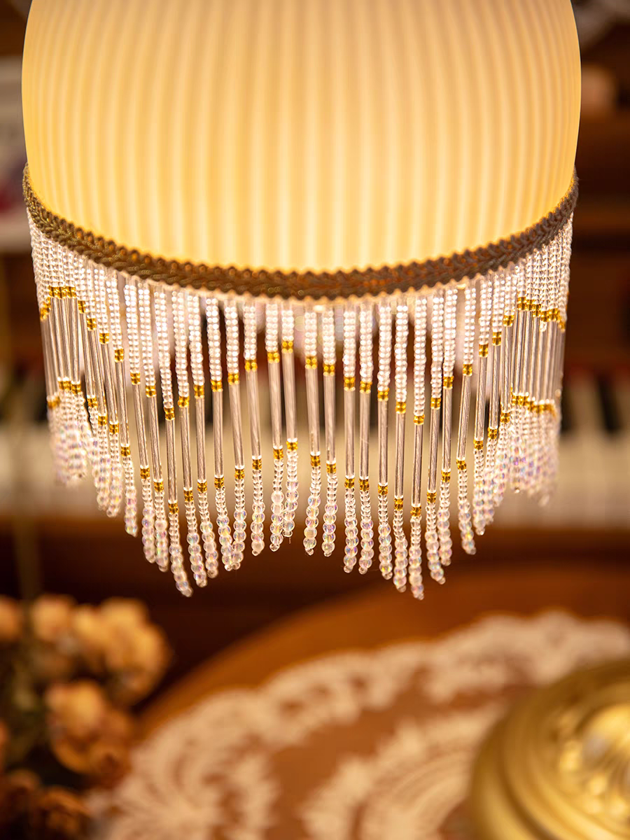 Table Lamp with Yellow Shade and Beaded Fringe