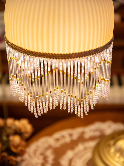 Table Lamp with Yellow Shade and Beaded Fringe