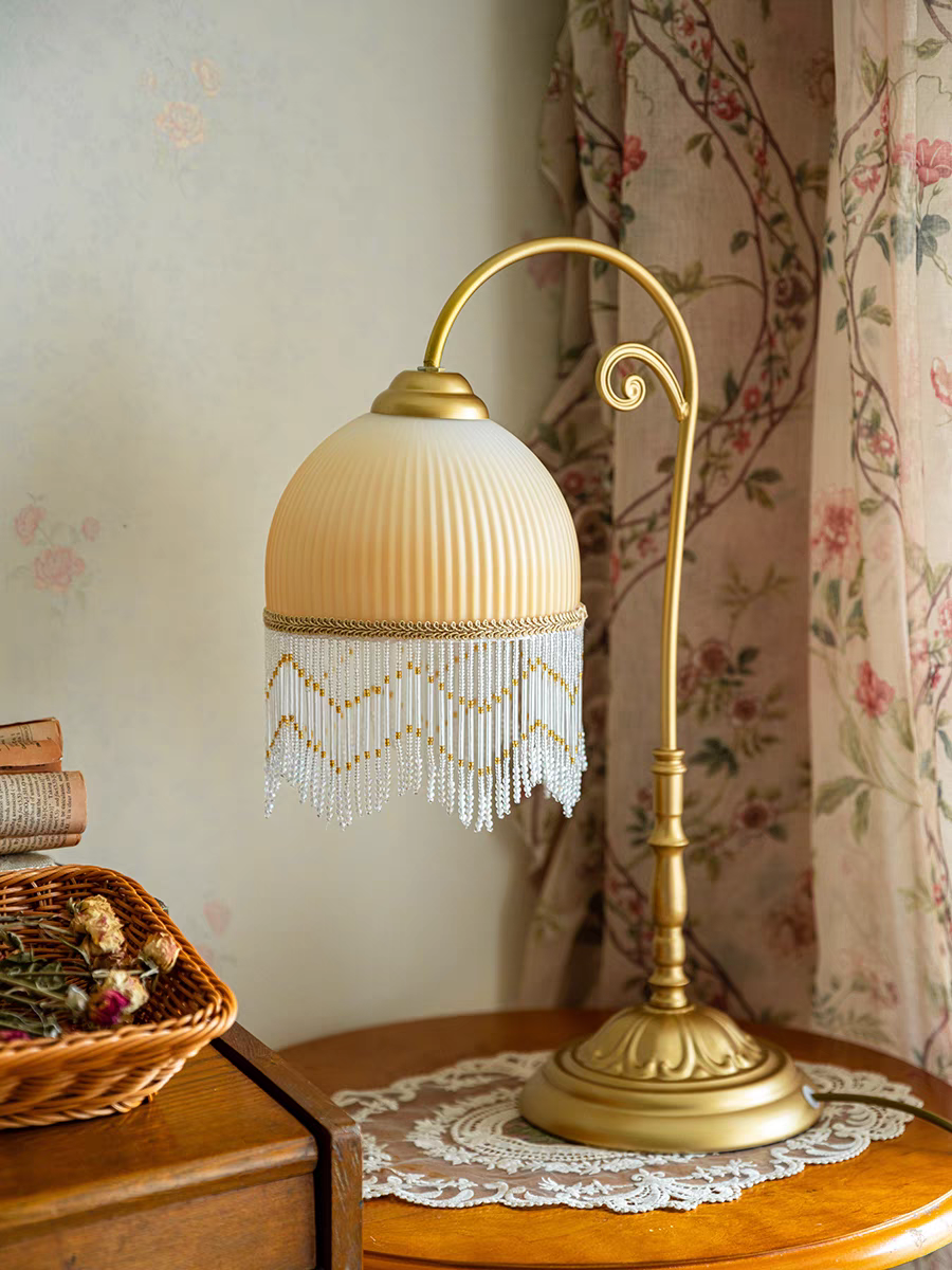 Table Lamp with Yellow Shade and Beaded Fringe