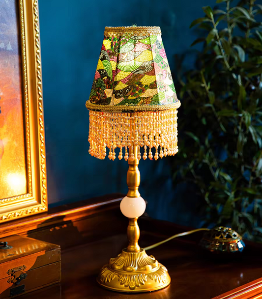 Green Table Lamp with Pearl Fringe