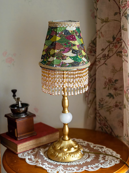 Green Table Lamp with Pearl Fringe