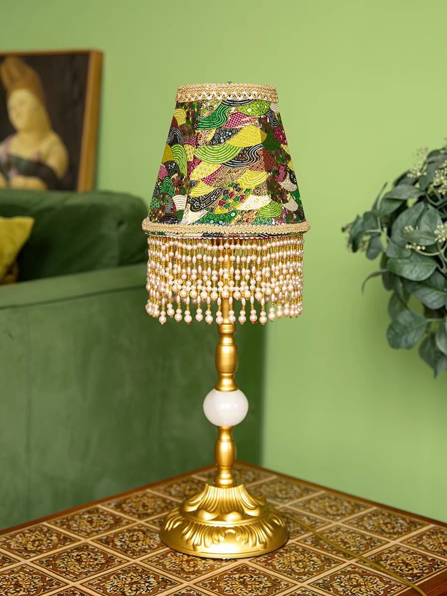 Green Table Lamp with Pearl Fringe