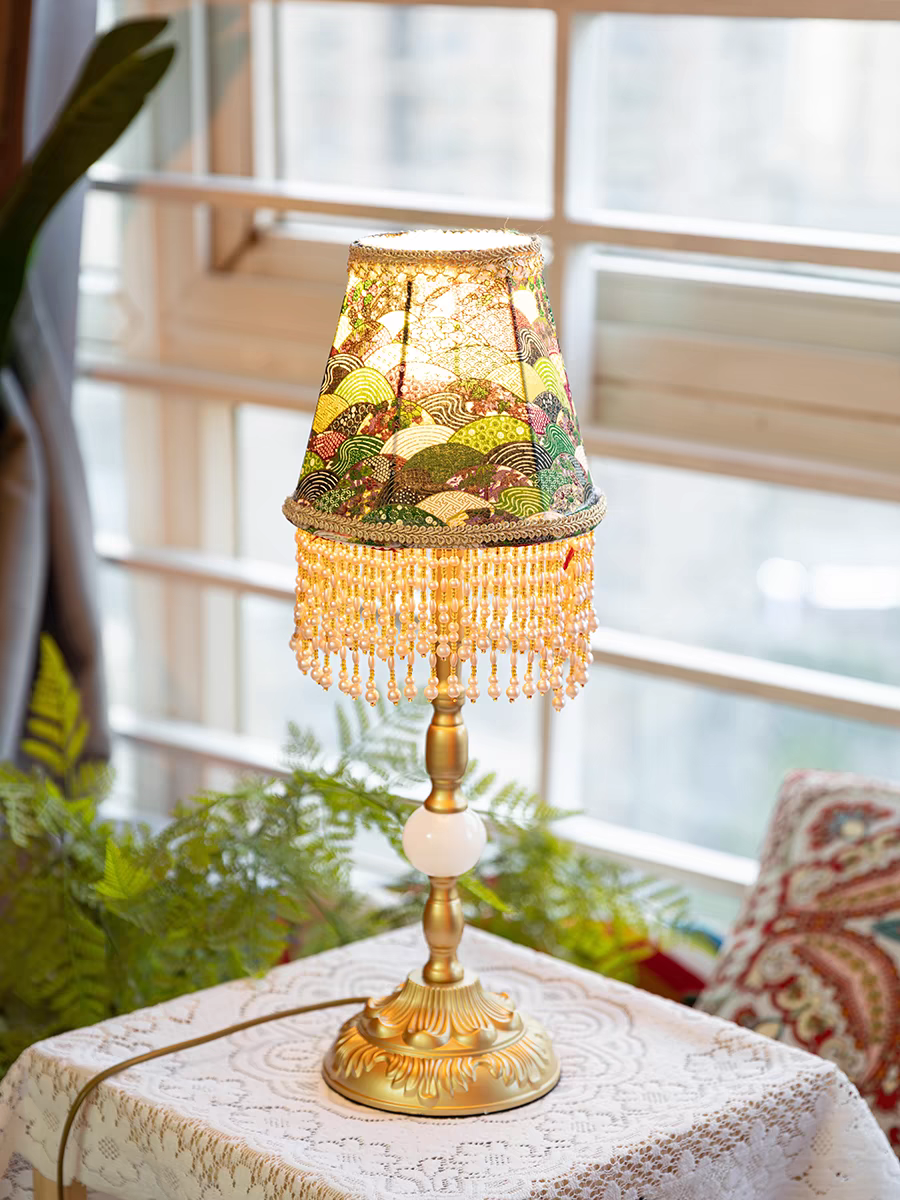 Green Table Lamp with Pearl Fringe