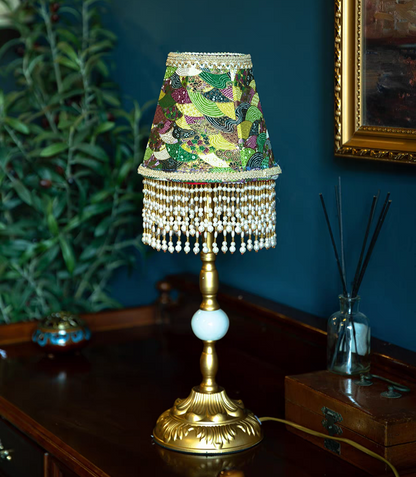 Green Table Lamp with Pearl Fringe