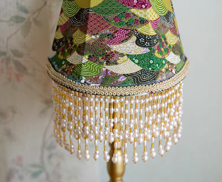 Green Table Lamp with Pearl Fringe